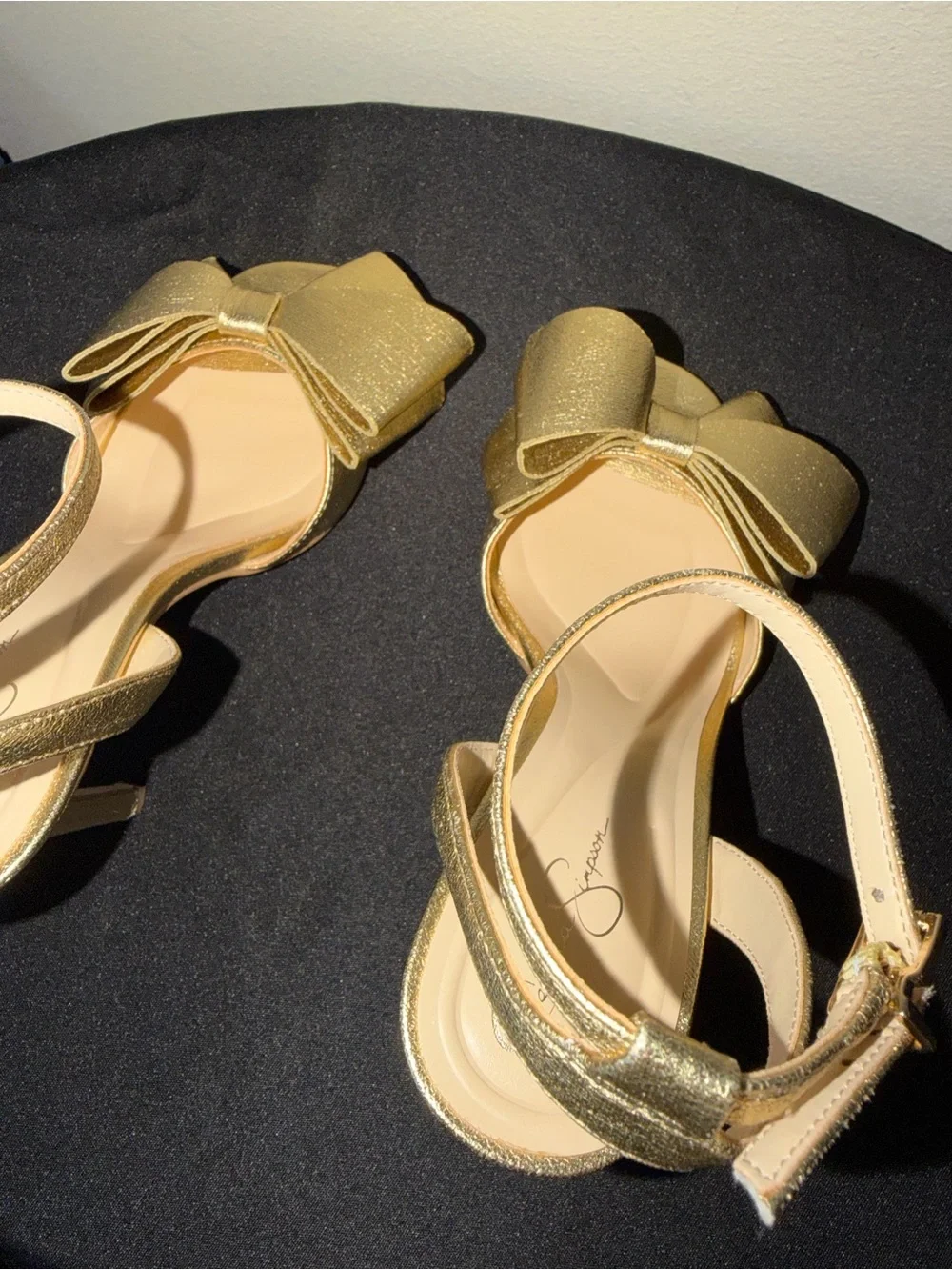 Jessica Simpson “Olivine” Gold Bow Ankle-Strap High Heels
